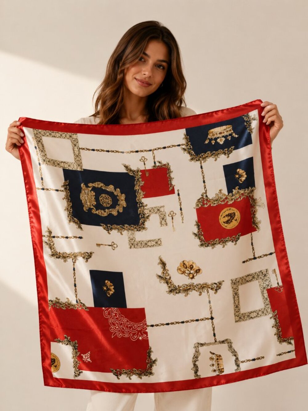 Red White Blue Baroque Chain Print Satin Scarf 35 x 35 in